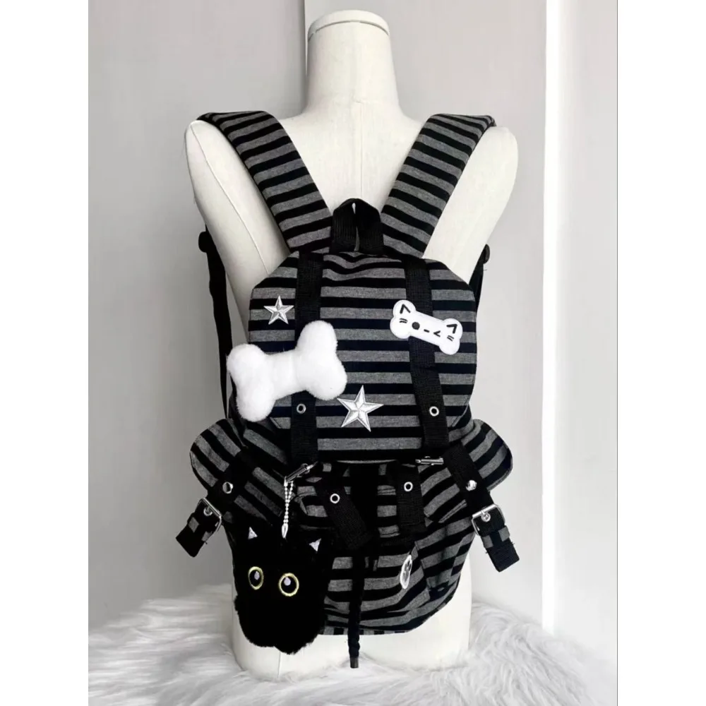 

Korean Style Vintage Striped Backpack New Y2k Casual Drawstring Student Bags Large Capacity Versatile Tote Bags Kpop Women's Bag