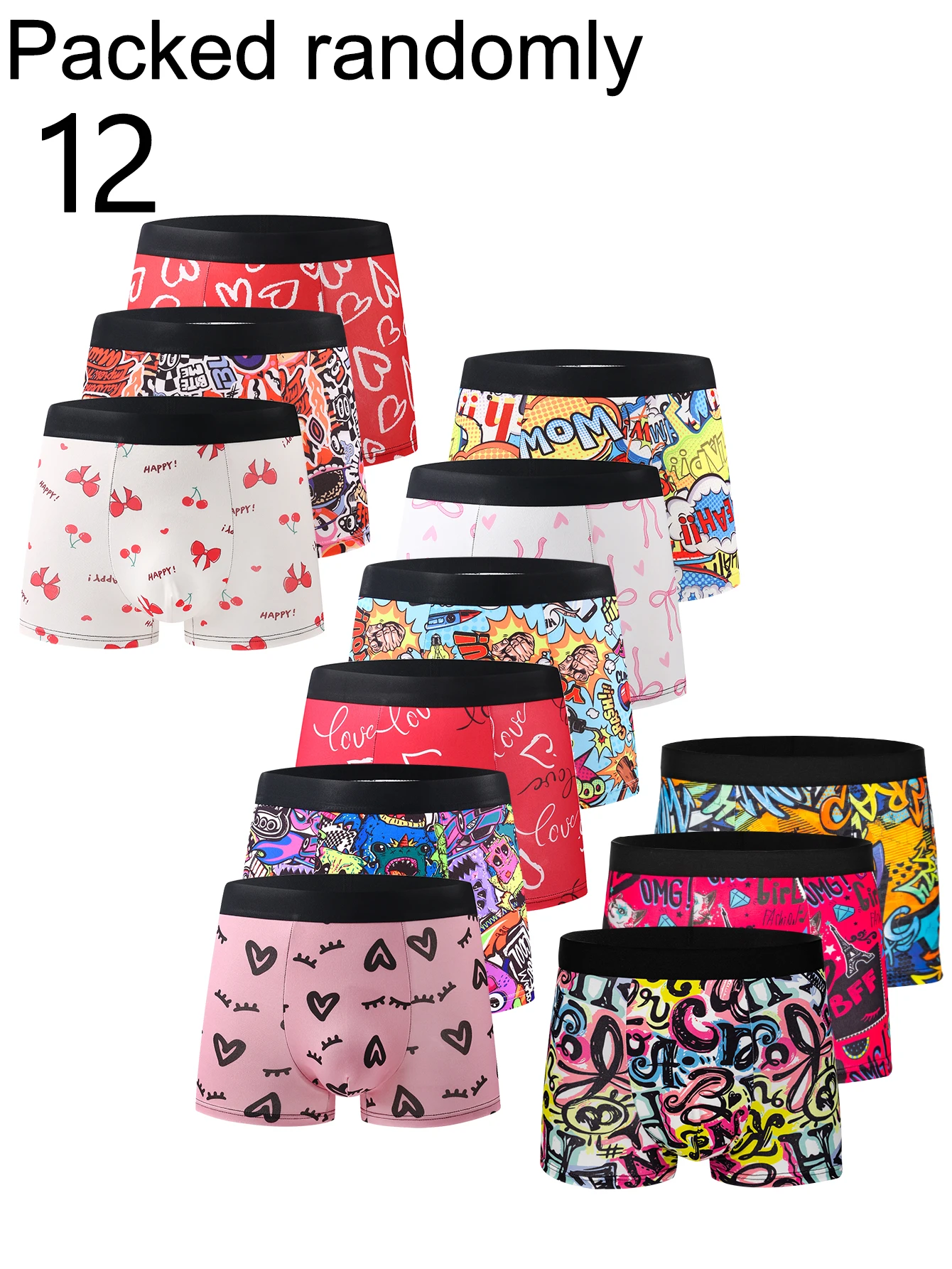 12-Pack Men's Fashion Graffiti Print Boxer Briefs Soft Skin-Friendly Colorful Casual Underwear Random Pattern Delivery