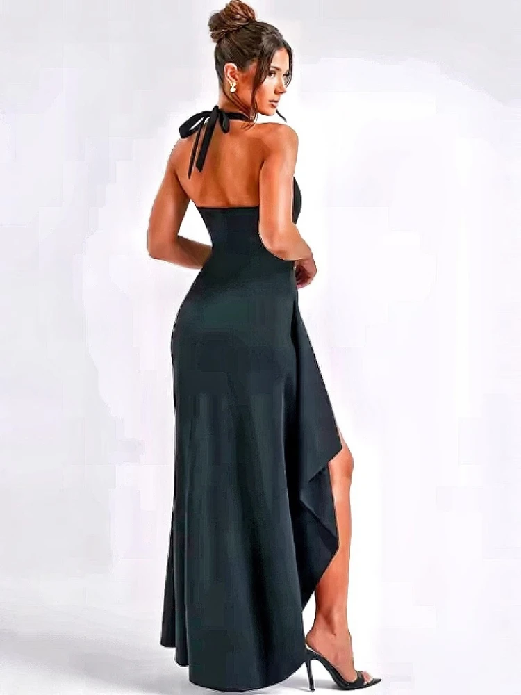 봄 홀터넥 맥시 이브닝 드레스 여름 신상 여성 딥 V넥 레이스업 드레스 패션 섹시 백리스 슬릿 솔리드 포멀 가운