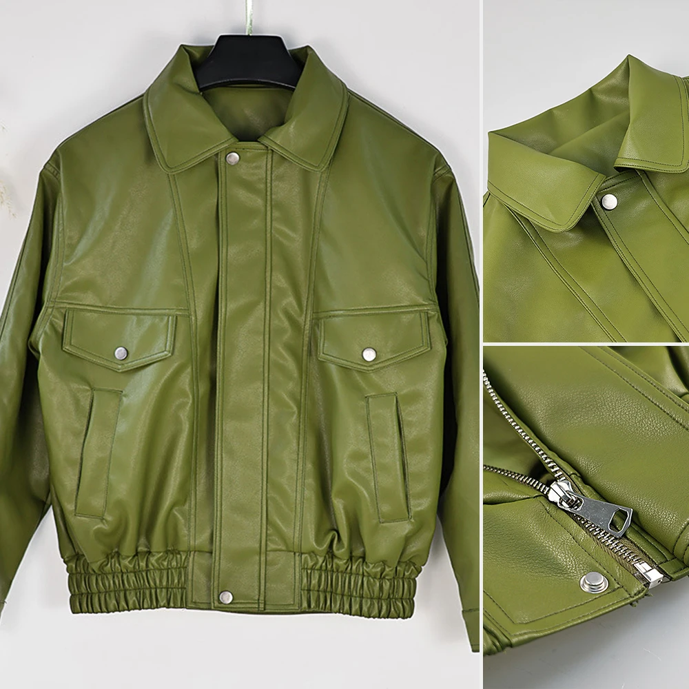 

Женская зеленая кожаная куртка свободного покроя с лацканами, модное элегантное пригородное пальто, весна-осень