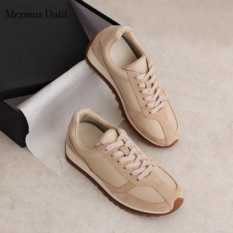 Mrxmus Dutit2024 Fashion New Women Splicing Genuine Leather Thick Sole Lacing Sneaker Flat Casual Shoes Comfort Versatile Female