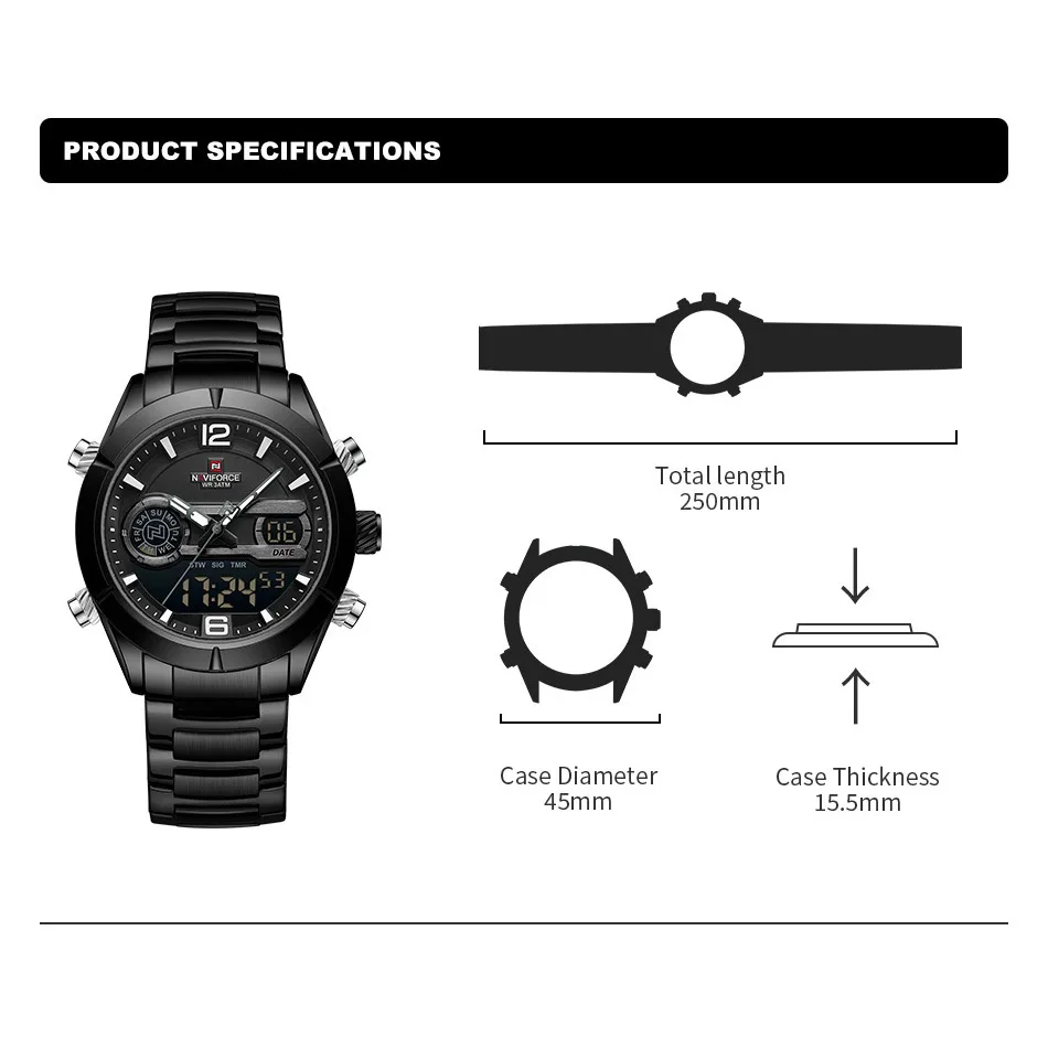 NAVIFORCE 디자인 남성용 시계, LCD 디스플레이 크로노그래프 쿼츠 손목시계, 빛나는 방수 스포츠 시계, 최고 럭셔리, 2024 신제품