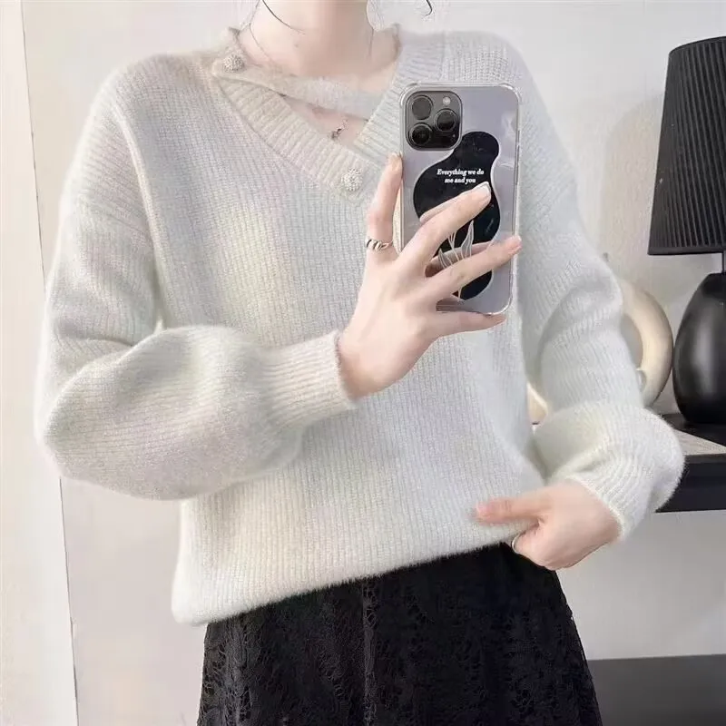 Autumn Winter Crystal Mink Sweater Women 2024 New V-Neck Pullover Casual Knitted Top Female Short Undercoat Fashion Y2K Clothing