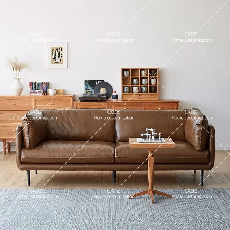 New Retro Oil Wax Leather Wrought Iron Sofa Minimalist Straight Row Living Room Small Apartment Couch