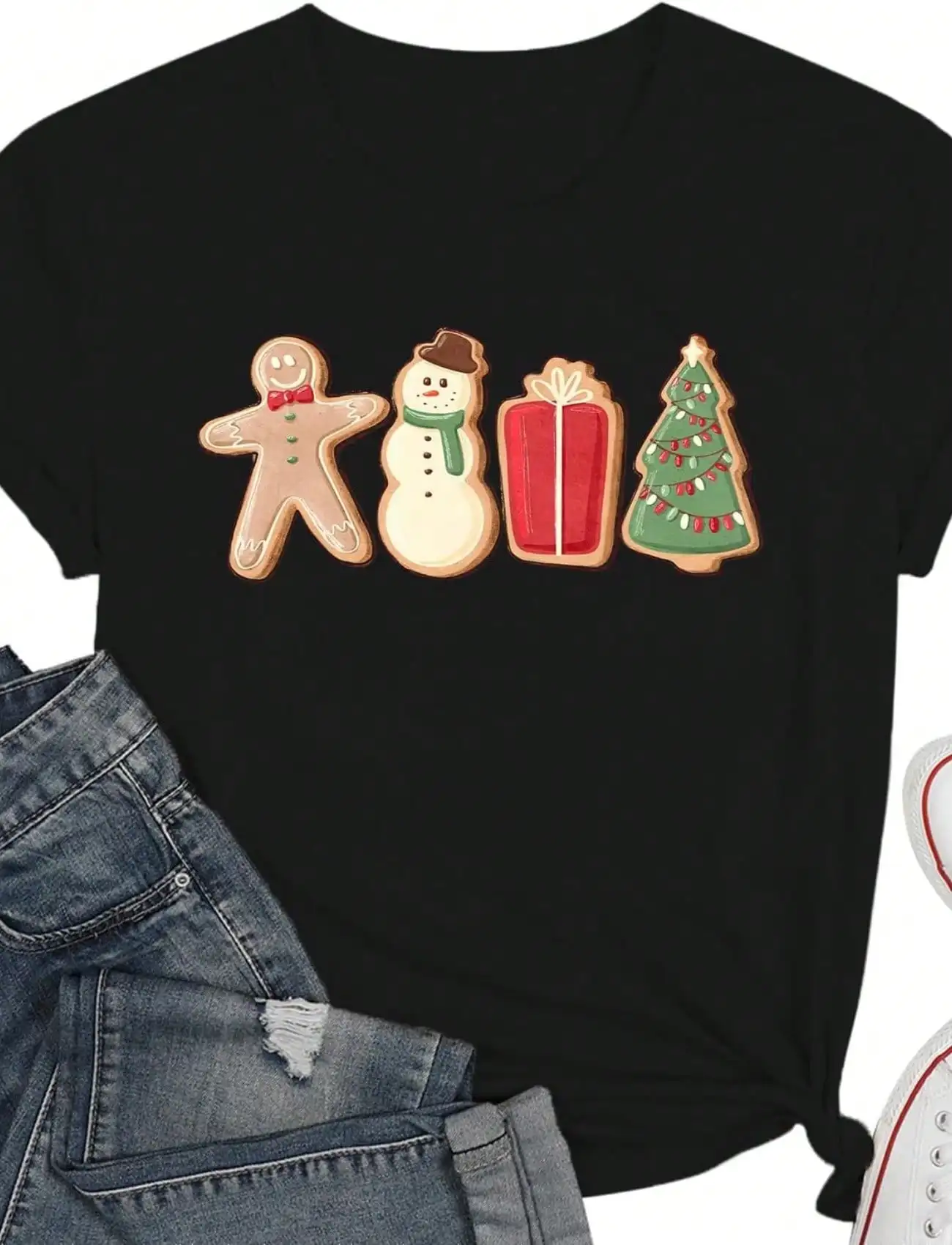 

Black Christmas Cookie Graphic Tee - Gingerbread, Snowman, Gift & Tree Print
