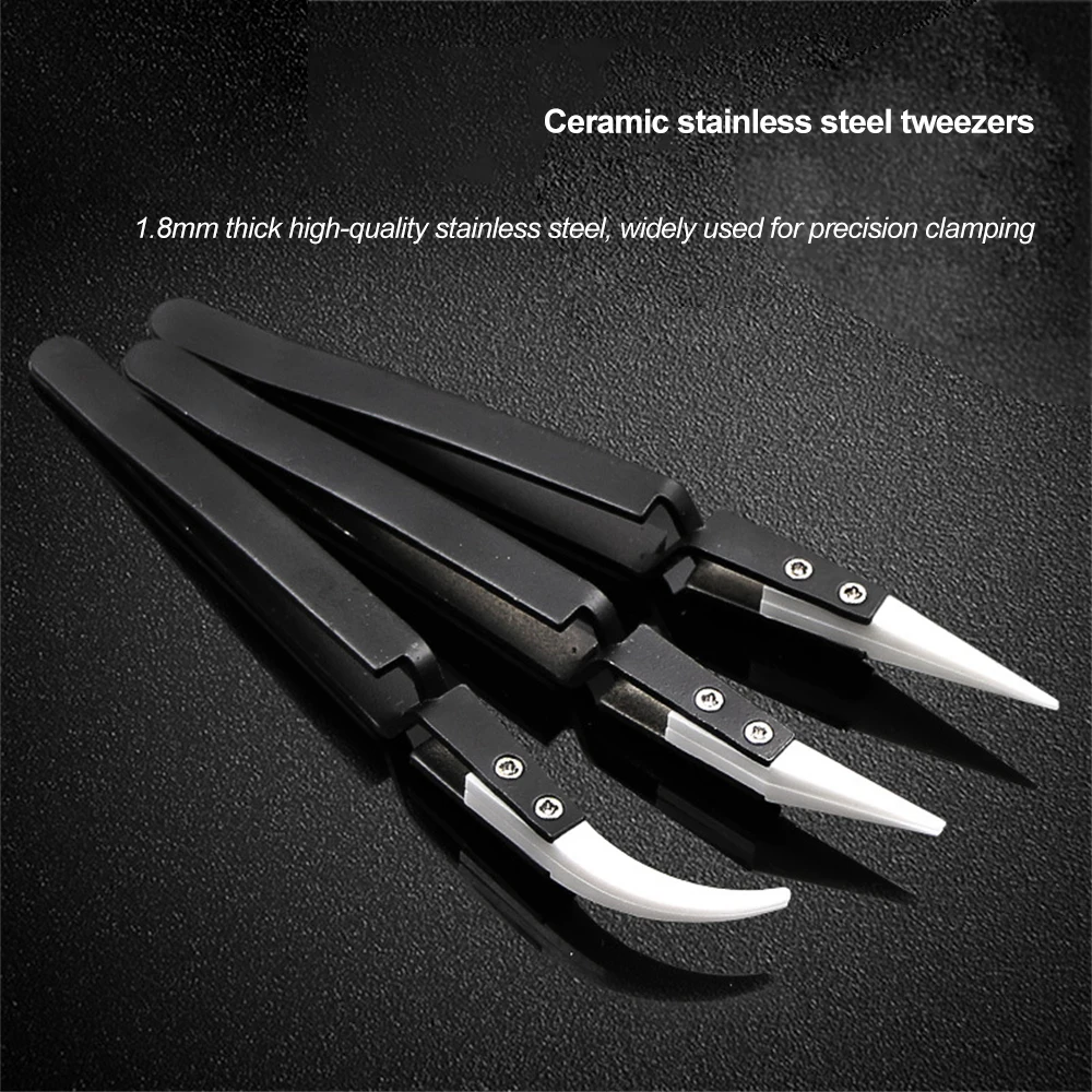 3PCS Ceramic Straight Tip Electronic Soldering Tweezers Handle Precision Tweezer Anti-Static Reverse Acid Tweezers Hand Tools