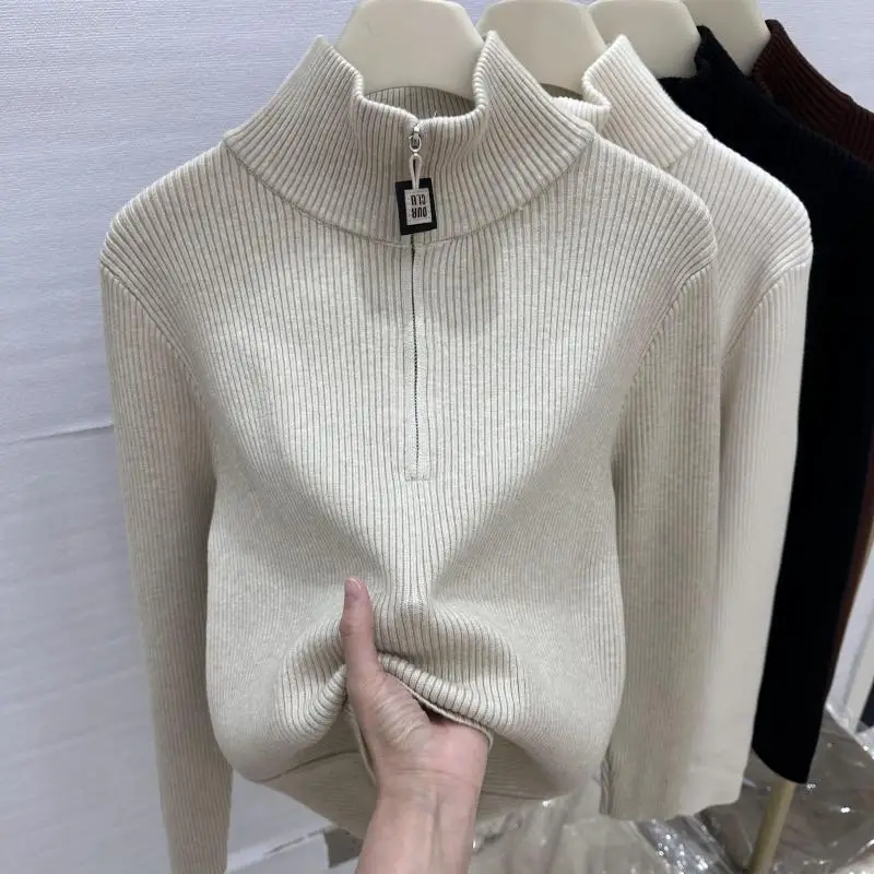 

Утолщенный свитер с полуводолазкой в европейском стиле, женский 2026, осень-зима, новый женский повседневный теплый вязаный свитер на молнии