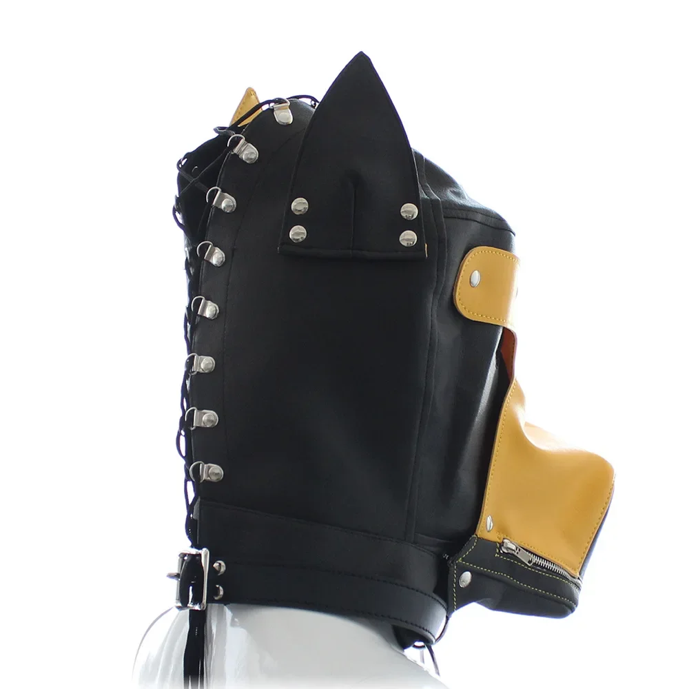 PU Leather Dog Masks Hoods for Men and Women, Cosplay, Halloween Party, Fetish, Costumes Accessories, Yellow, Black