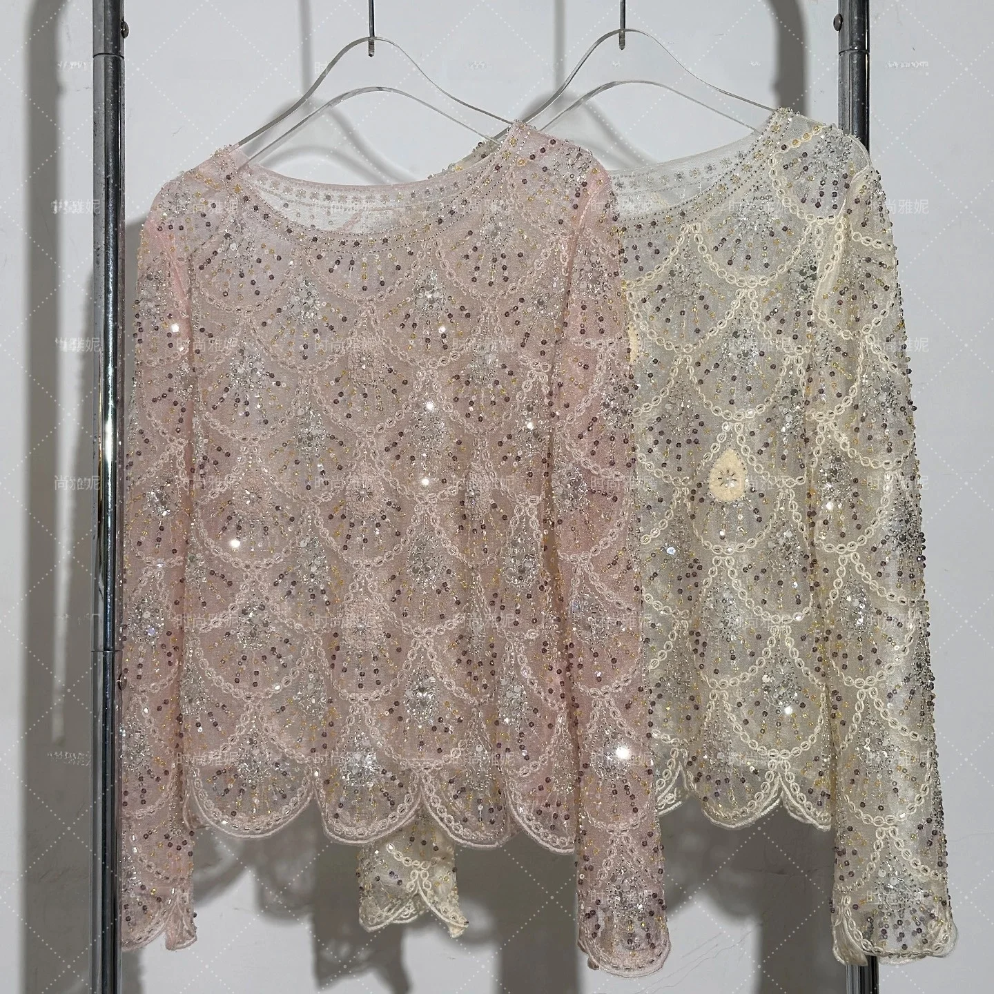 

Ele Pearl Lace irt Women's Long Sve round Ne Slim Fit Top Glittering Faion Casual Sle Spring Collection