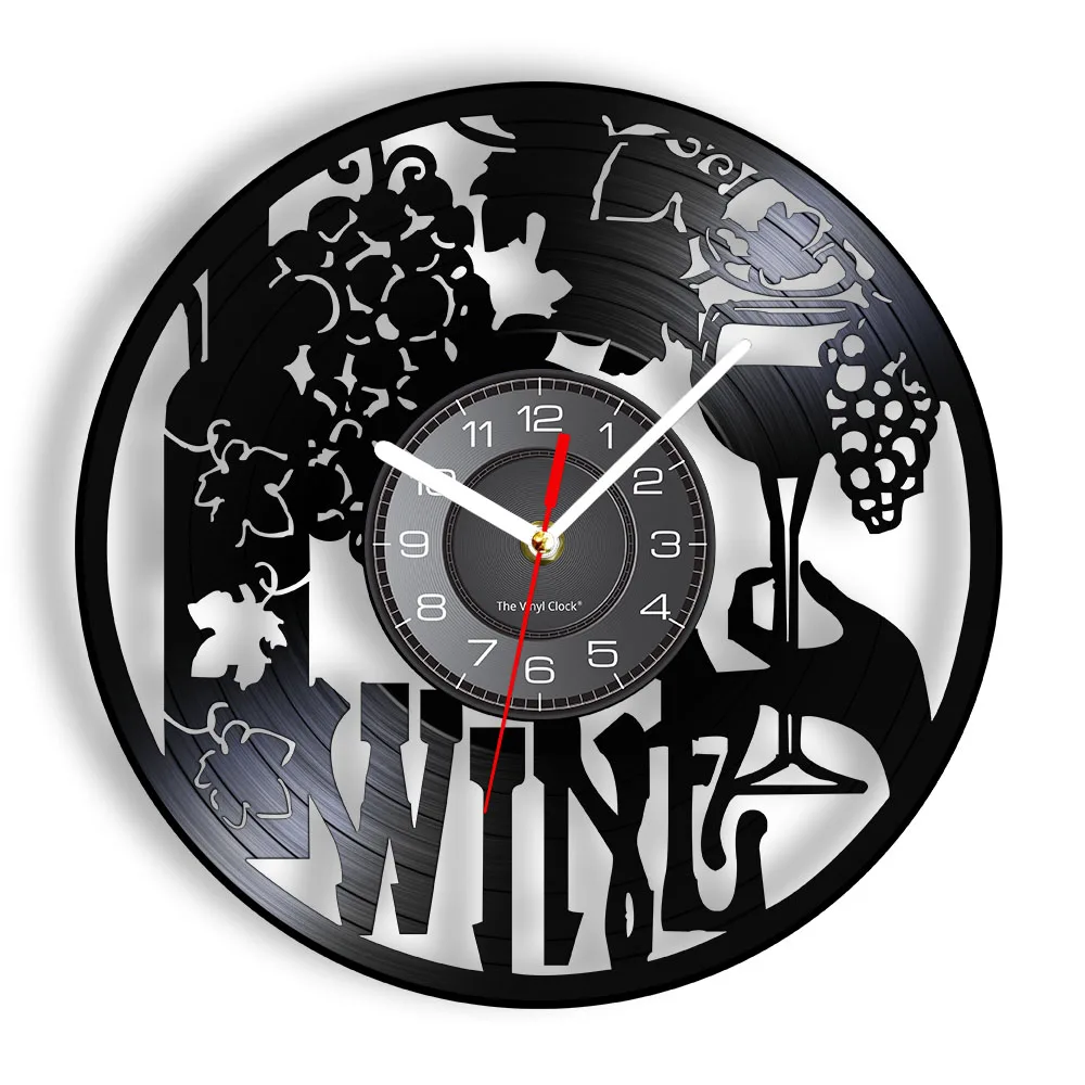 Wine Logo Wall Clock Winery Bottle Glass Grape Vine Drink Drinking Alcohol Liquor Pub Bar Label Emblem Vinyl Record Wall Clock