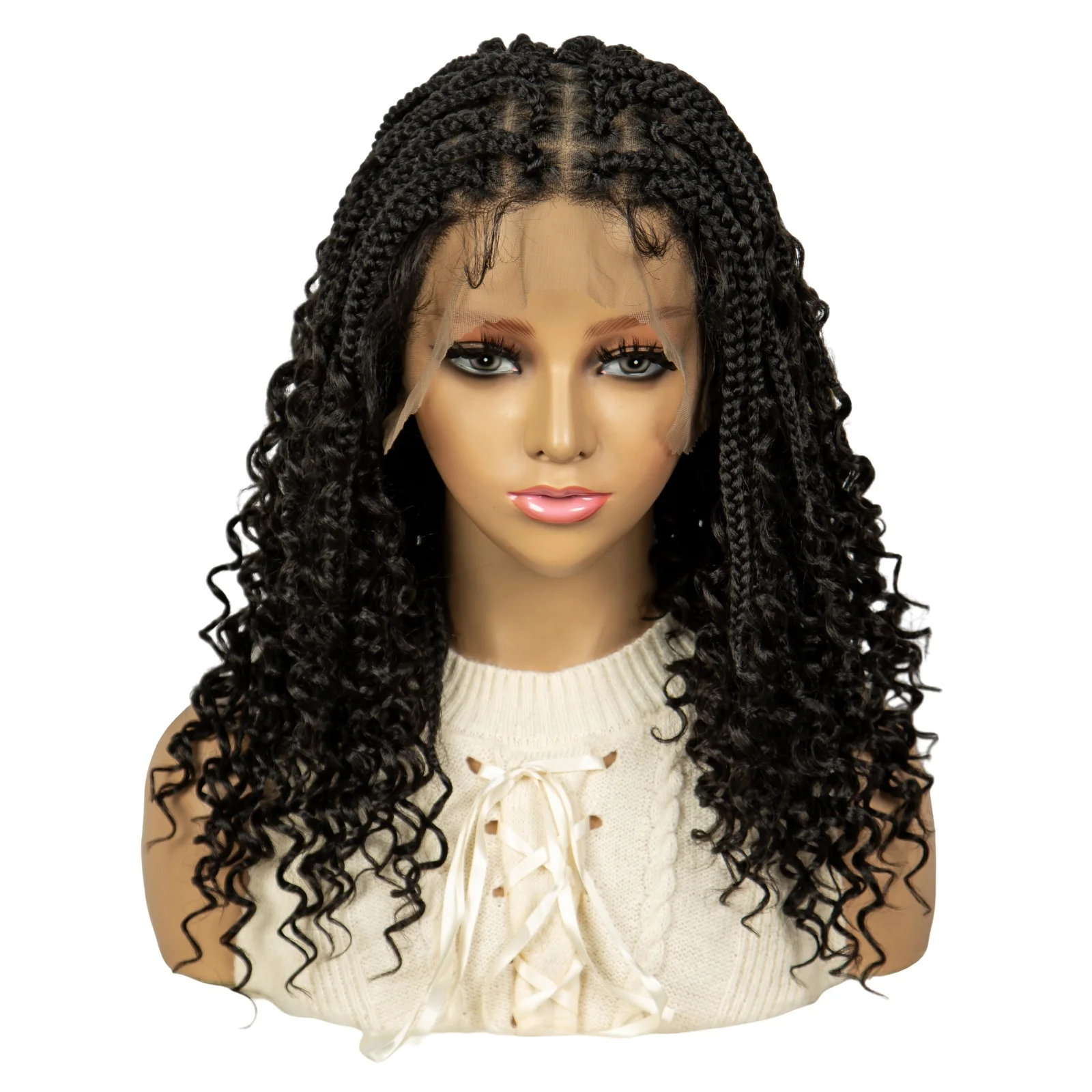 Bohemian Braided Wigs Boho Box Braid Wigs Knotless Goddess Locs Wigs Synthetic with Curly Ends Synthetic Full Lace Braided Wig