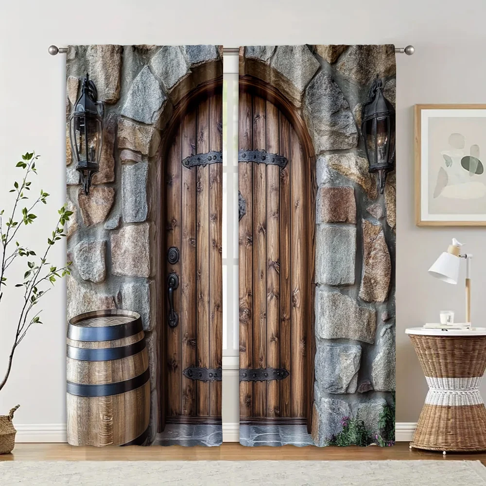 2pcs, Window Curtain Wooden Door Stone Wall Semi-Sheer Curtains Durable 100% Polyester Fabric (without rod) Art Deco Festive for