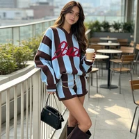 Women 2 Piece Striped Knit Loungewear Oversized V Neck Letter Embroidery Sweater Shorts Casual Matching Set Tracksuit Streetwear 4