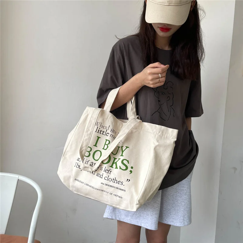 Women Canvas Shoulder Bag Letter Printing Ladies Casual Handbag Tote Bag Large Capacity Cotton Reusable Shopping Beach Bag 2022