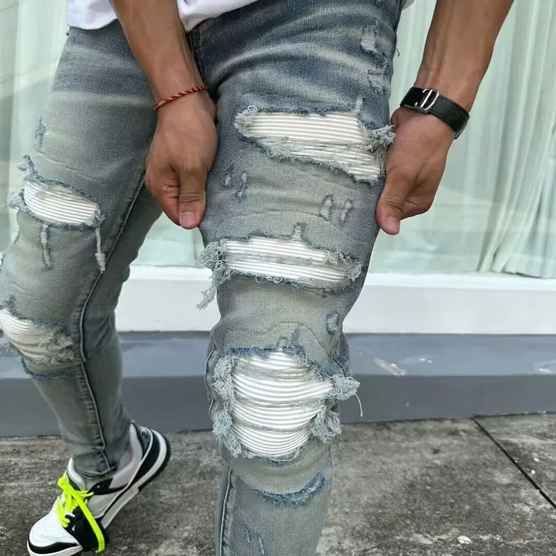 Designer fashion new men's jeans stretch slim fit retro light blue patchwork white patch jeans high street chic brand pants homb