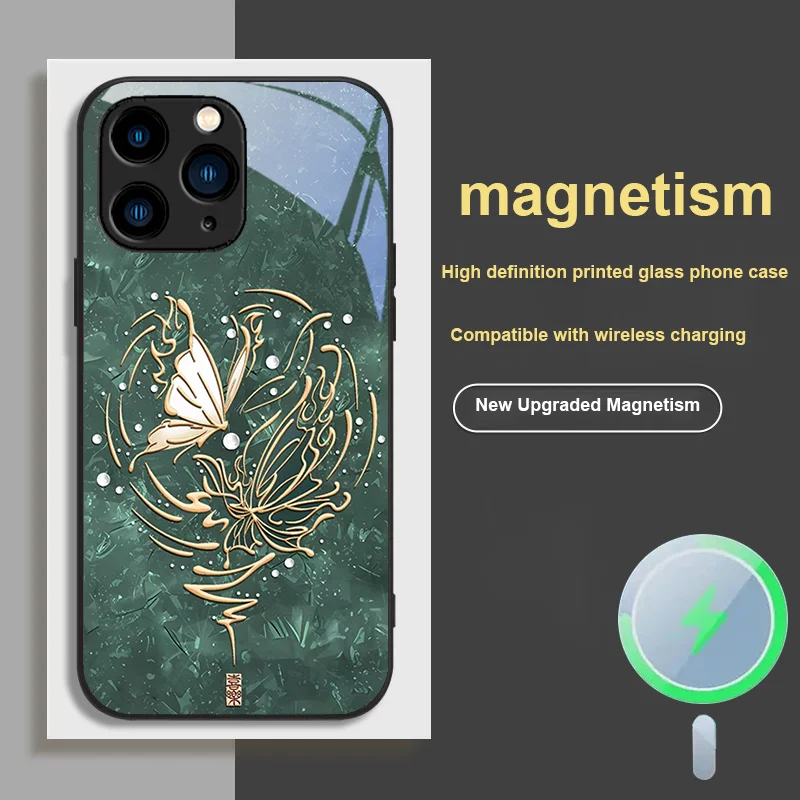 

For iPhone X XR 15 12 14 Pro 13 Mini XS MAX 8 Plus 16 e 11 Magnetic Glass Phone Case Butterfly Shadow Shore Flower Anti Drop