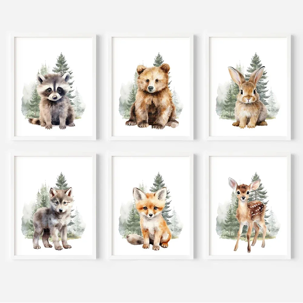 6Pcs Woodland Animal Prints Canvas Painting Nursery Wall Art Decor Forest Animal Posters Boy Girl Room Bedroom Decotation Gifts