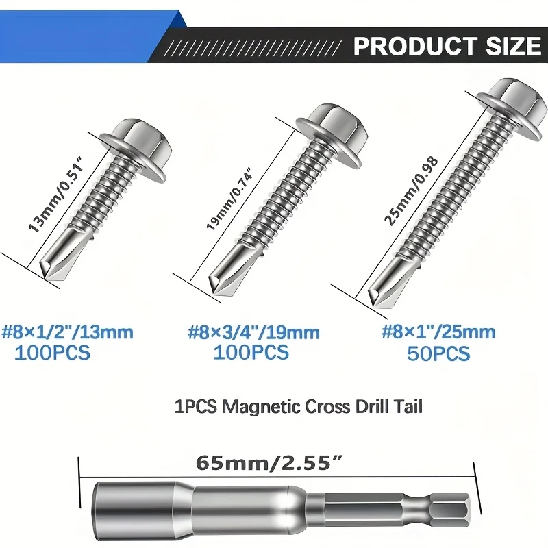 250pcs Stainless Steel #8 Self Tapping Screw Combination Set, Fully Threaded Round Head Hexagonal, Length 1/2, 3/4, and 1 inch