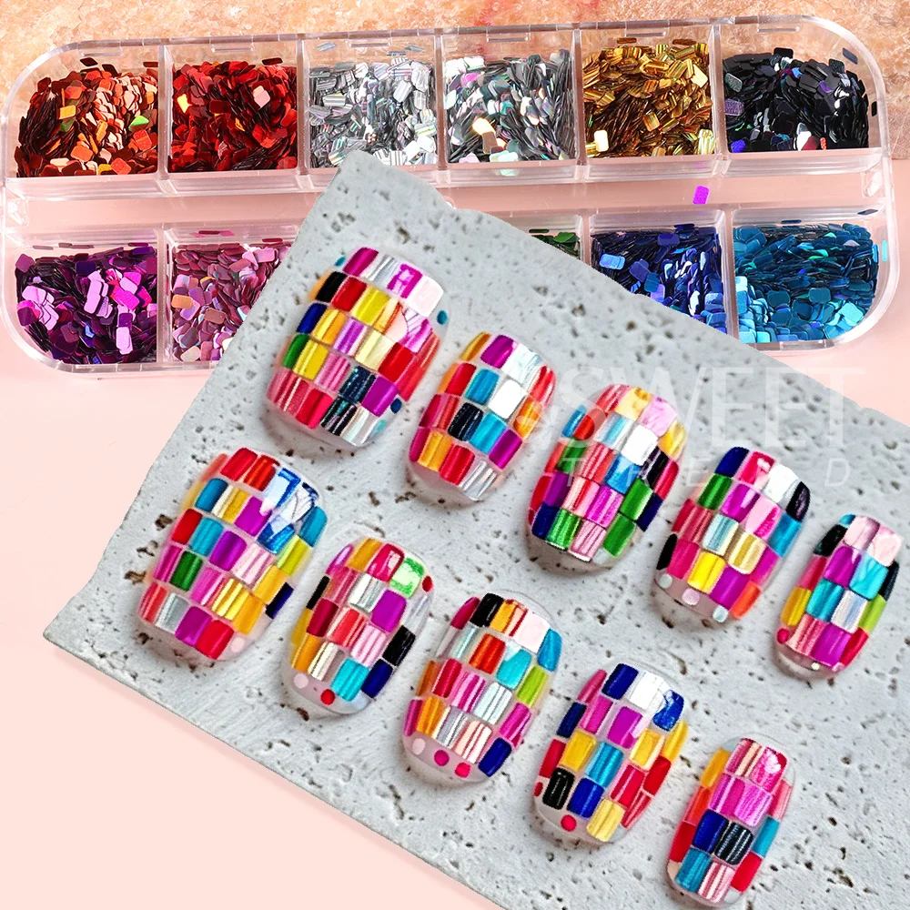 SWEET TREND-12 Colors Holographic Square Nail Sequins Laser Shiny Disco Paillette Sequins Glitter Flakes Decorations Accessories