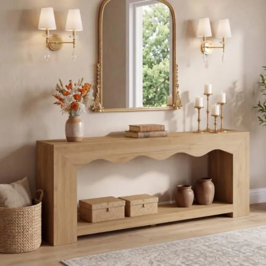 Extra Long Console Table for Entryway Use, Oak Wood with Wavy Front Design, Natural Color, Includes Hidden Storage Compartment