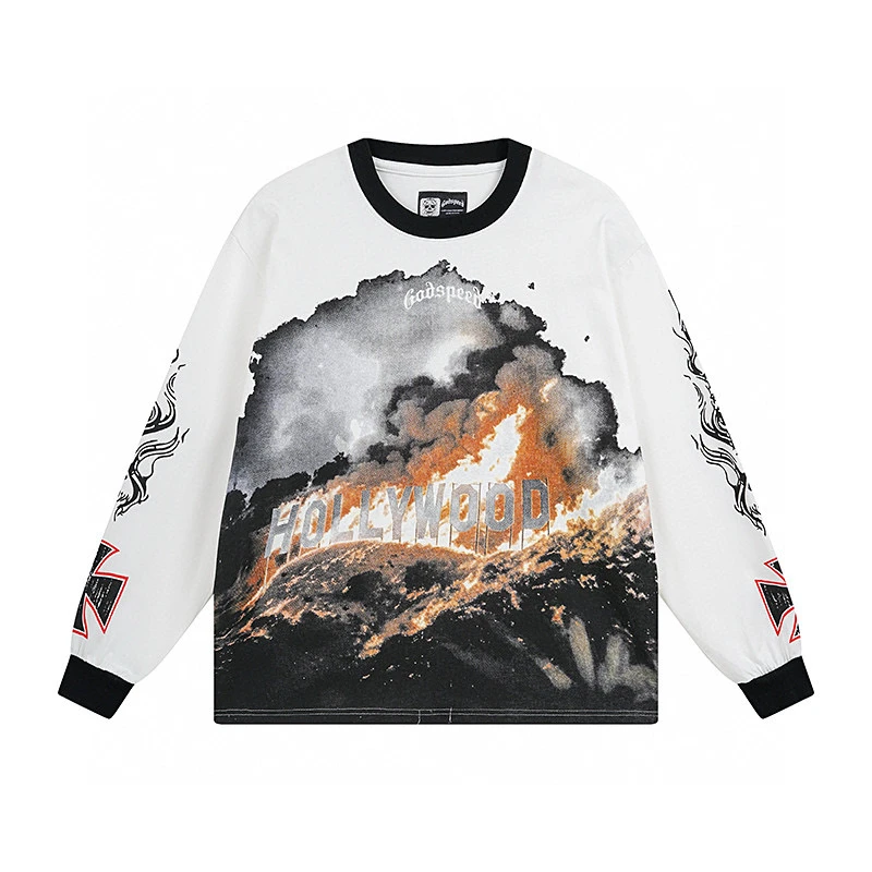 

2025 New American Trendy Streetwear Loose Fit Long Sve T-irt ex Casual Printed Hip Hop Street Sle Cotton Tee