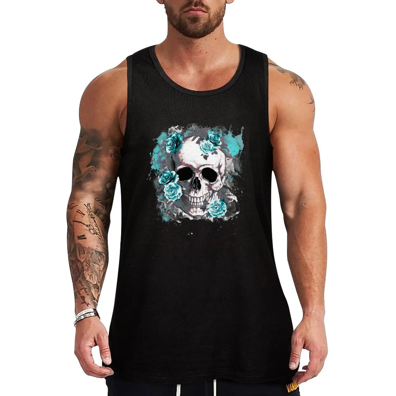 

Skull human anatomy floral, turquoise watercolor roses,mask cool, funny,cute Tank Top anime clothes anime top