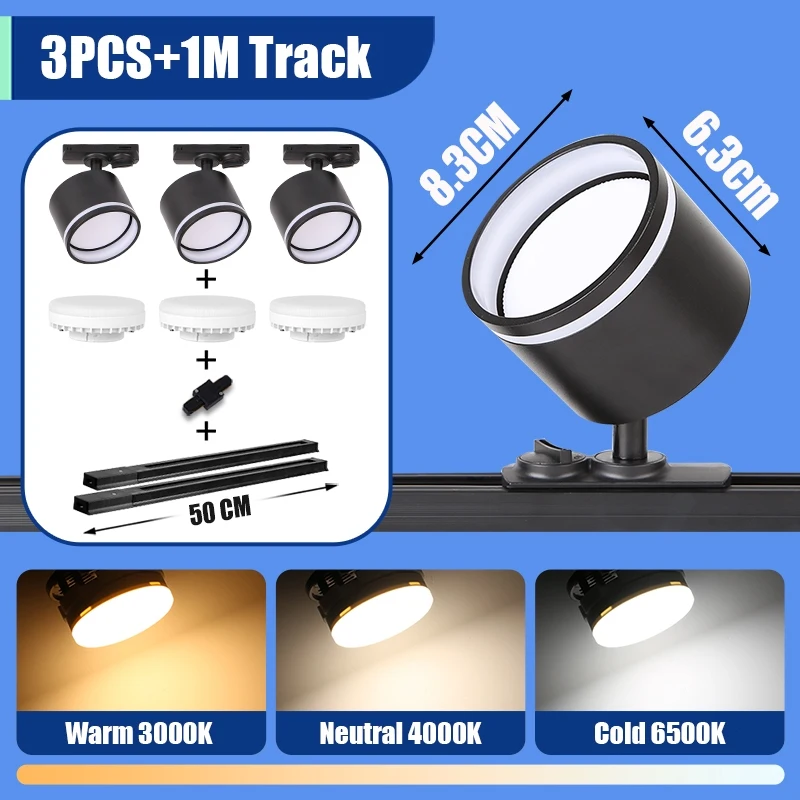 GX53 tracklamp 3-kleuren spotlight AC85-265V woonkamer slaapkamer winkel kroonluchter draaibare downlight keuken huisverlichting - afbeelding 1