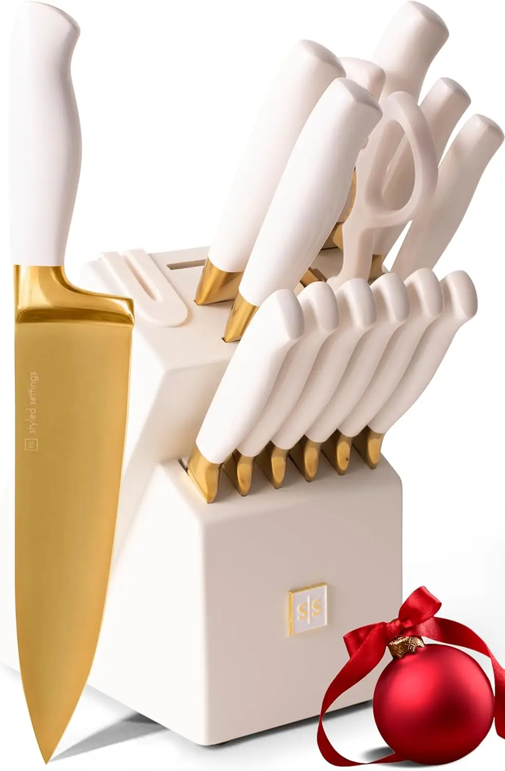 d Knife Set With Block Self Sharpening - 14 Pc Luxurious Titanium Coated Gold And Off-White Kitchen Knife Set And White