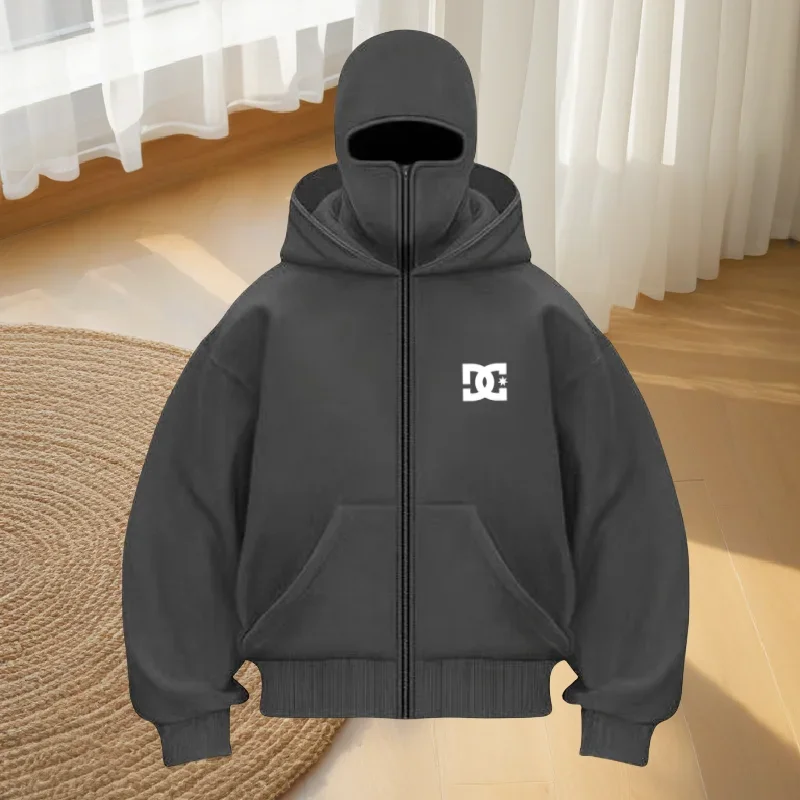 Neuer modischer, lässiger, warmer Outdoor-Fitness-Straßen-Hoodie für Herren mit Reißverschluss für Herbst und Winter, lockeres Gesichtsmasken-Sweatshirt