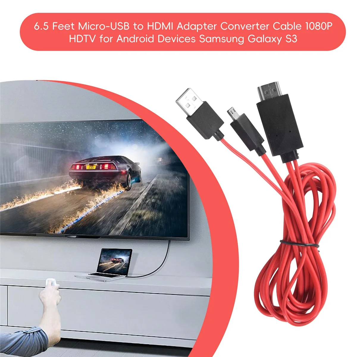 6.5 Feet Micro-USB to HDMI Adapter Converter Cable 1080P HDTV for Android Devices Samsung Galaxy S3 (11 Pin, Red)