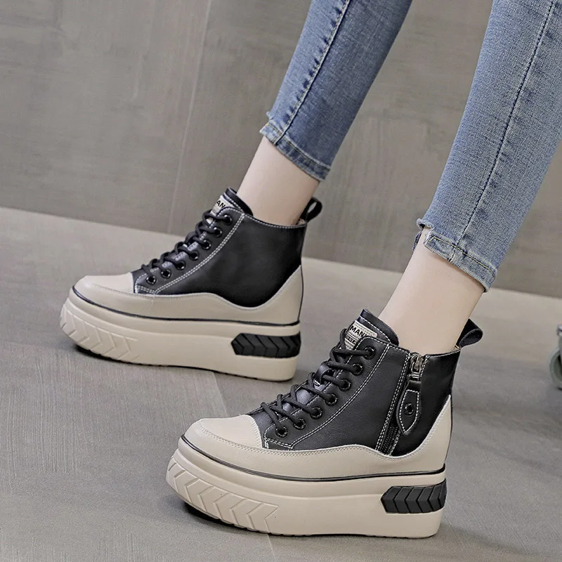 Board shoes cowhide 2025 autumn new style sponge cake single shoes high heels casual high top shoes short boots women's shoes