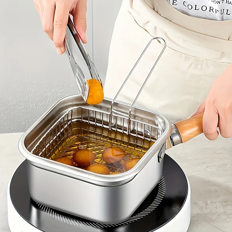 Stainless Steel Fryer French Fries and Chicken Wings, Induction/Stove Compatible Pot, Household Small Oil Pot with Filter Screen