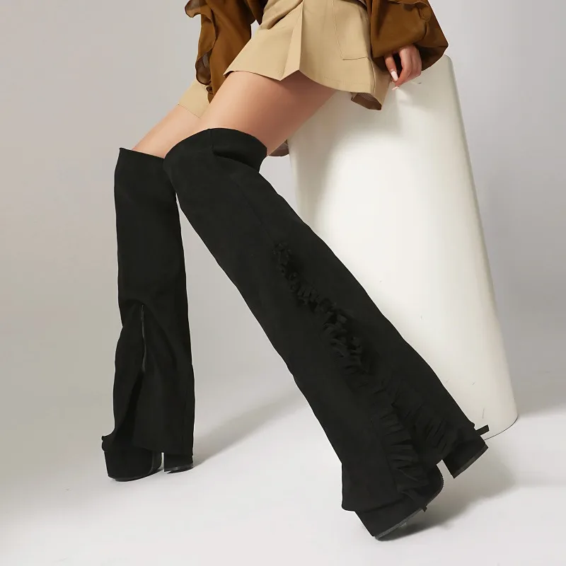 Women's Black Slouch Platform Block Heel Side Zipper Over The Knee Fashion Tall Boots