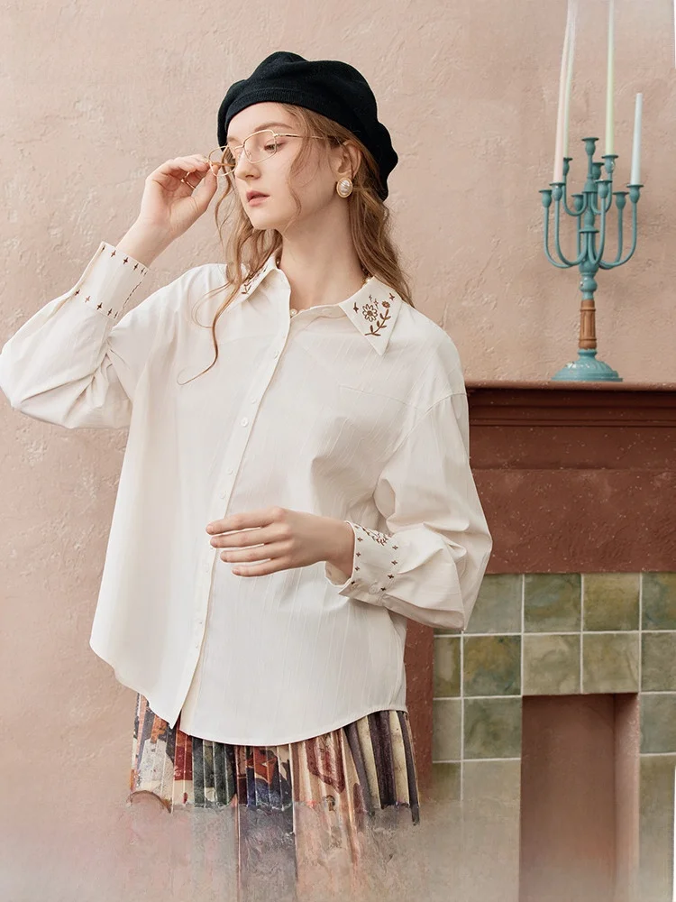 

Новая женская свободная рубашка с длинным рукавом, вышивкой, отложным воротником и художественным дизайном, в стиле Two Tee Things Snow Sta Cold Fraance