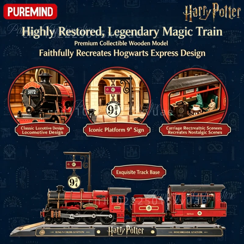 Image 5: Blocs de construction PUREMIND Harry Potter Hogwarts Express, puzzle 3D en bois assemblé, modèle mobile, jouets décoratifs, cadeaux de collection