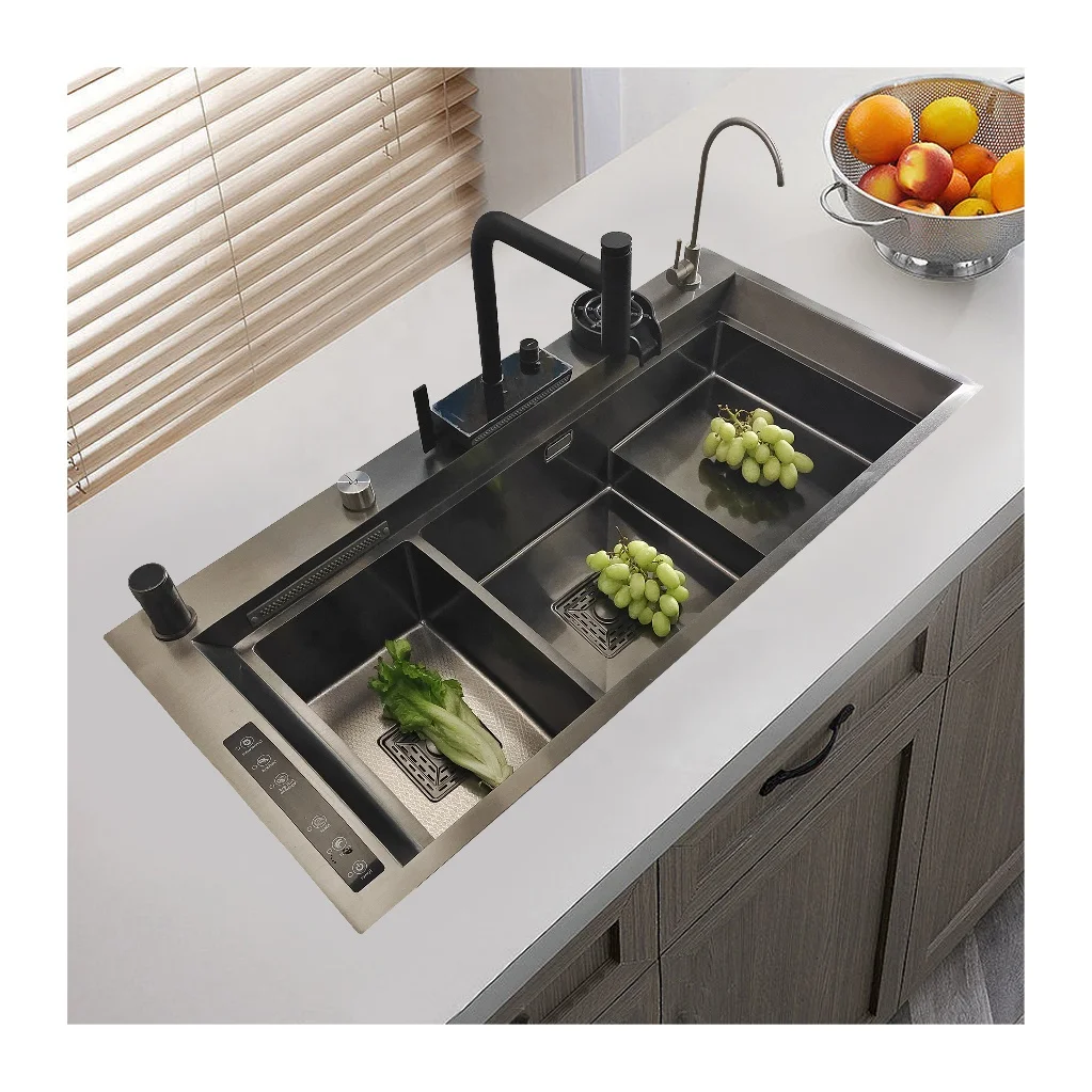 

Fashion Ultrasonic Washing Machine Hand Made Custom Smart Kitchen Sink Stainless Steel Dishwasher Black Waterfall Faucet Basin