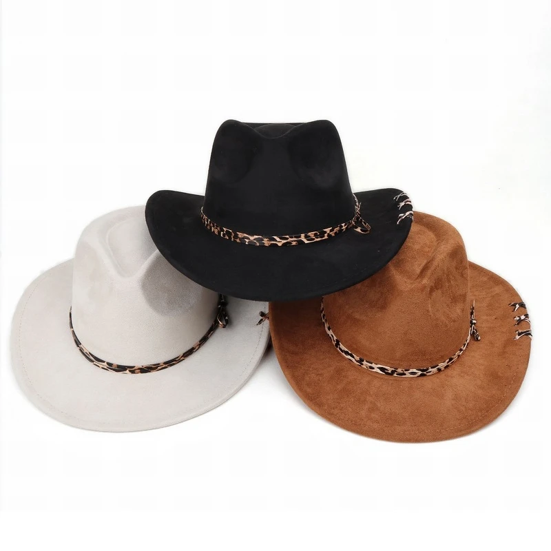 

GEMVIE Western Women Men Cowboy Hat Wide Brim Outdoor Travel Fedora Hat Cowgirl Hats with Leopard Print Belt