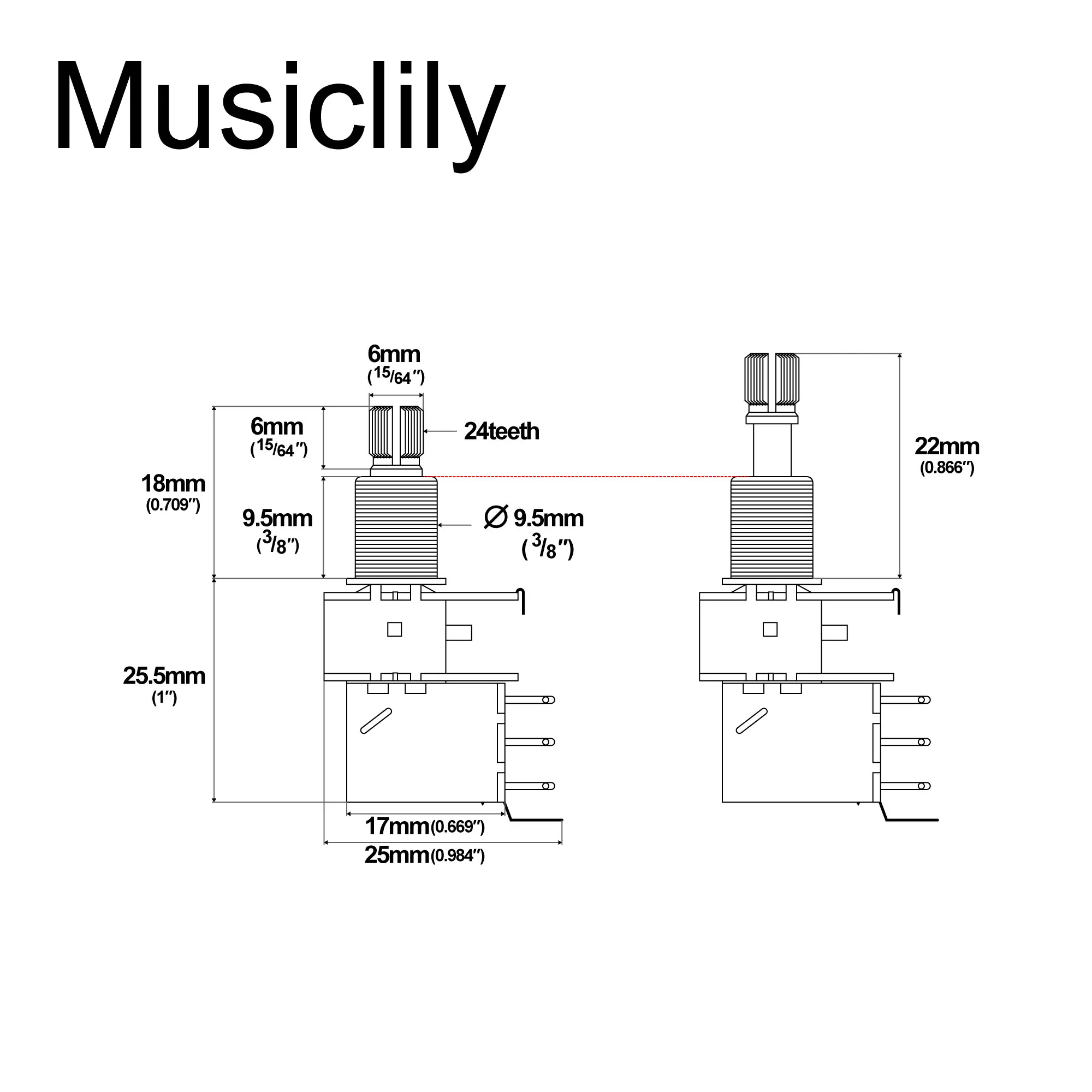 Musiclily Pro A250K/A500K Brass Pot Split Standard Shaft 3/8 Inch Push-Pull Audio Taper Potentiometer for Electric Guitar Bass