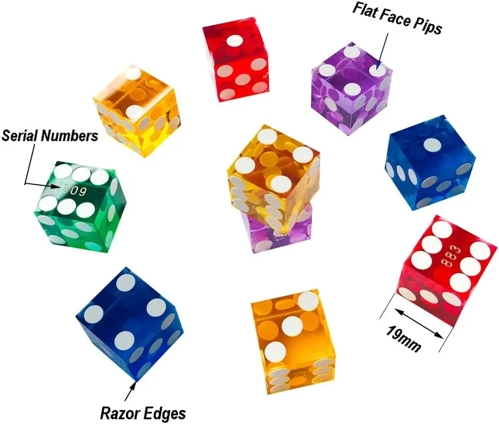 Grade AAA Precision 19mm Serialized Casino Craps Dice Set of 25 with Razor Edges and Corners-Multi-Color