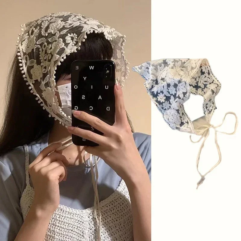 

French Lace Headscarf White Woven Floral Lace Hair Towel Flower Lace Scarf Retro Triangular Headscarf Hair Decoration Hair Towel
