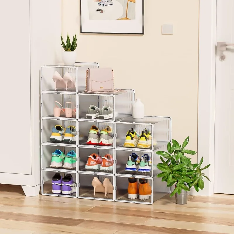 12 Pack Shoe Organizer, Clear Plastic Stackable Shoe Storage, Multifunctional Shoe Box, Universal Storage Boxes