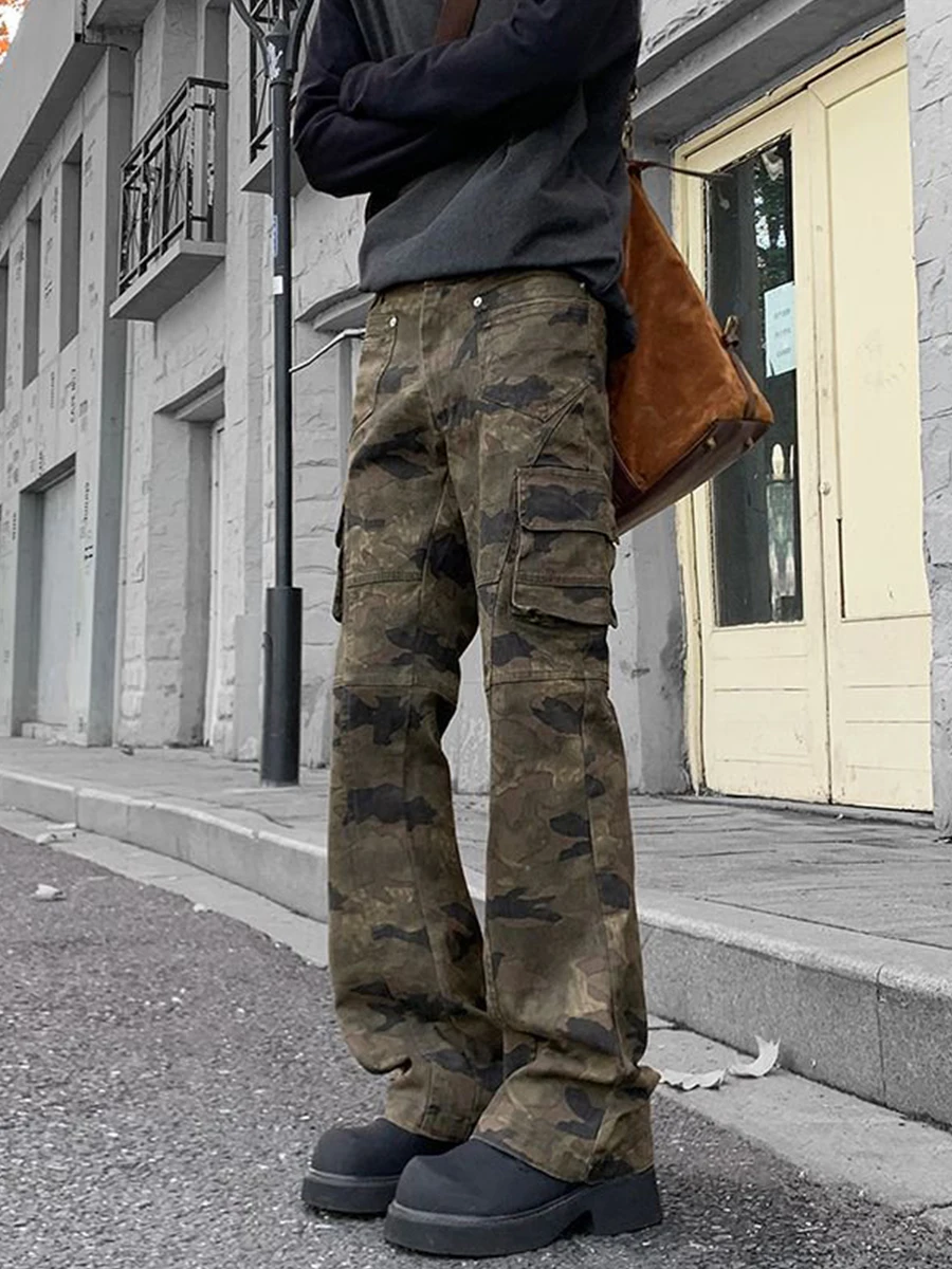 

Camouflage Work Trousers Men's Spring Autumn Multiple kets Haome Street Sle Knife Slimming Micro Flared Straight...