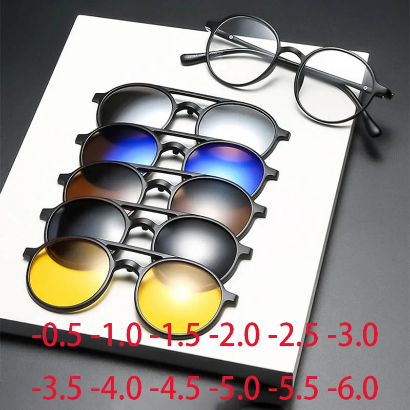 

2306 New Retro Set Of Sunglasses Women Pilot Magnetic Clip Sun Glasses TR Round Frame Prescriptio -0.5 -1.0 -2 to -6