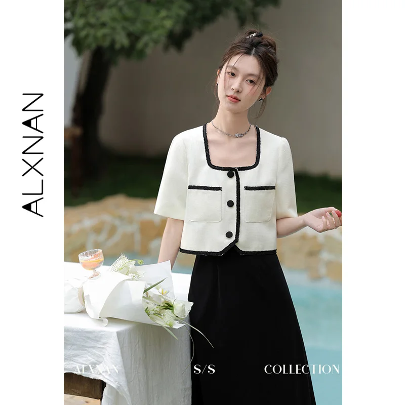 ALXNAN Summer Women's White French Style Jackets Short Sleeve Square Neck With Chest Pocket Design Outerwear Elegant L33911SY