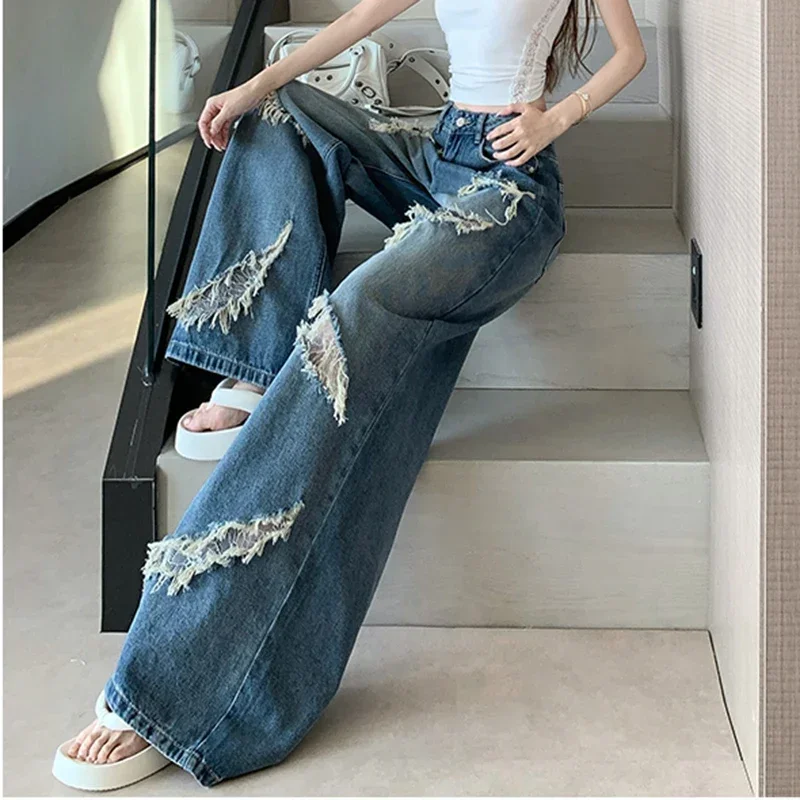 

Women Vintage Lace Mesh Patchwork Distressed Jeans Female High Waist Y2K American Retro 90s Grunge Streetwear Ripped Denim Pants