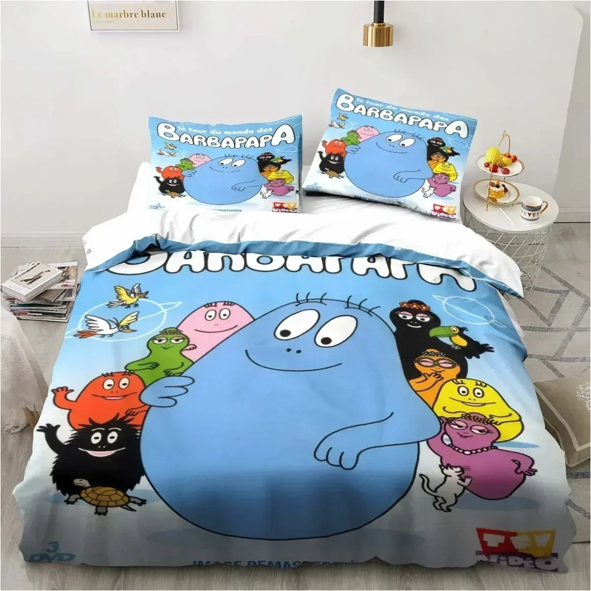 Cute Cartoon Les Barbapapa Printed Bed Set Duvet Cover Pillowcase Bedding Set Bed Linen Sheet Quilt Cover Full Queen King Size
