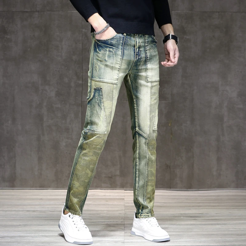 Retro Distressed Motorrad Jeans Herren High-End kleine gerade Mode All-Match schlanke Stretch lässige Straßen hose