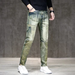 Retro Distressed Motorcycle Jeans Men's High-End Small Straight Fashion All-Match Slim Stretch Casual Street Trousers