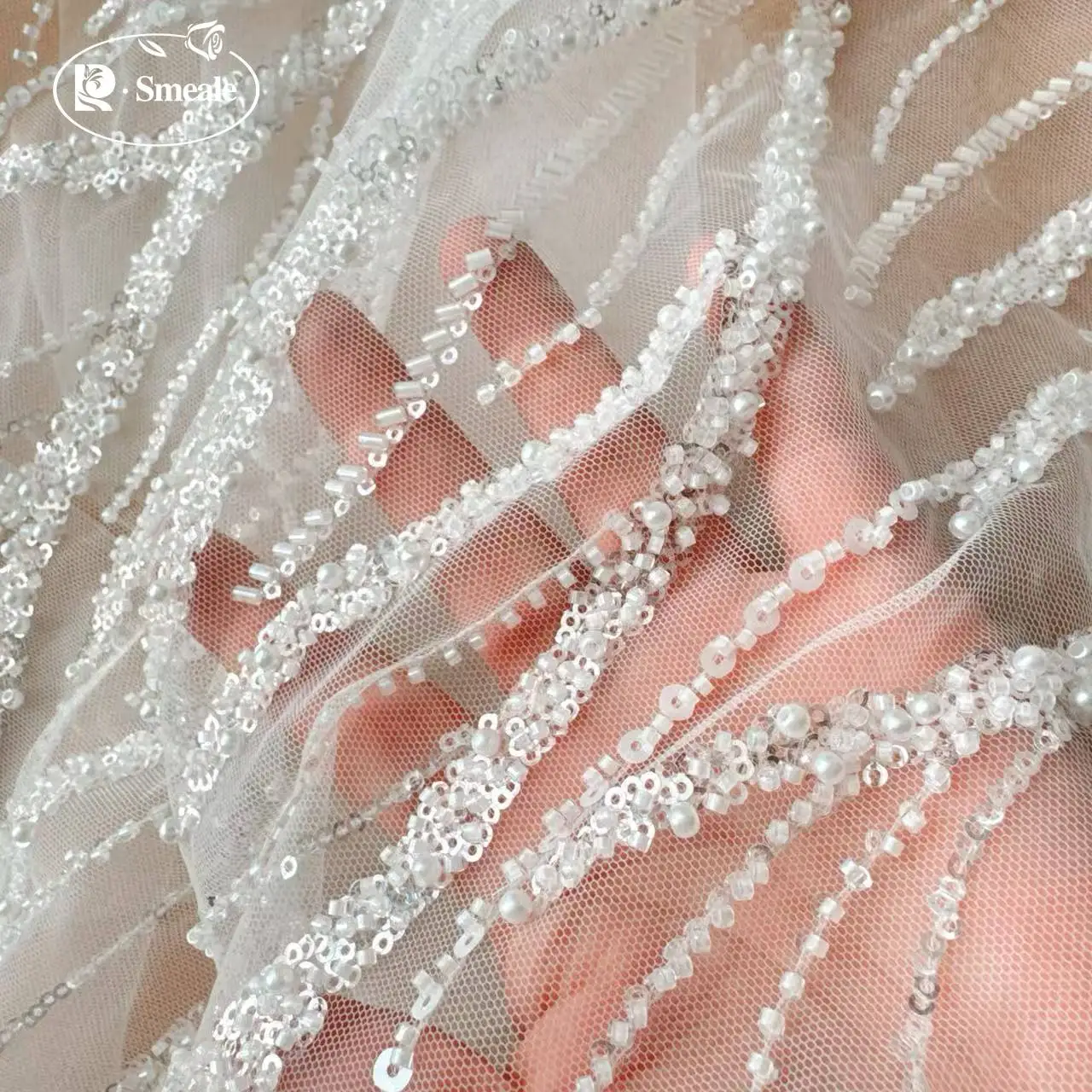 Perlen-Pailletten-Spitzenstoff, luxuriöses Abendkleid, französische Spitze, 2 Designs können weiß wählen, RS2798 – Detail 2