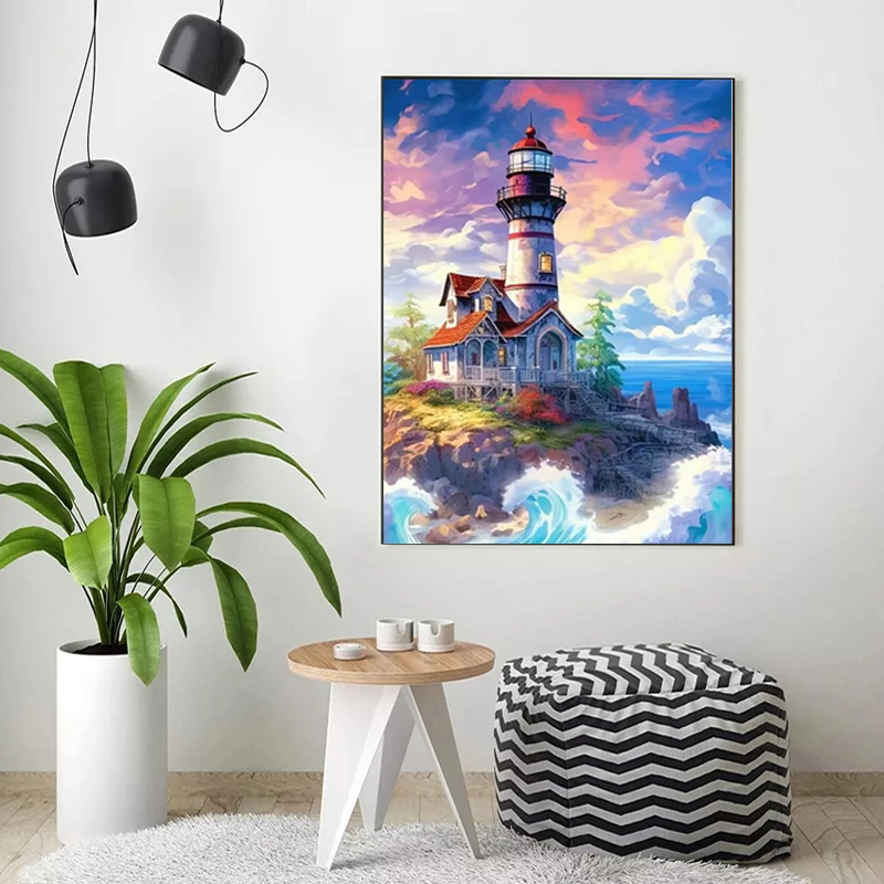 Full Fairy Dust Diamond Painting Landscape Lighthouse Diy Crystal Mosaic Cross Stitch Sea Island Rhinestones Picture Home Decor
